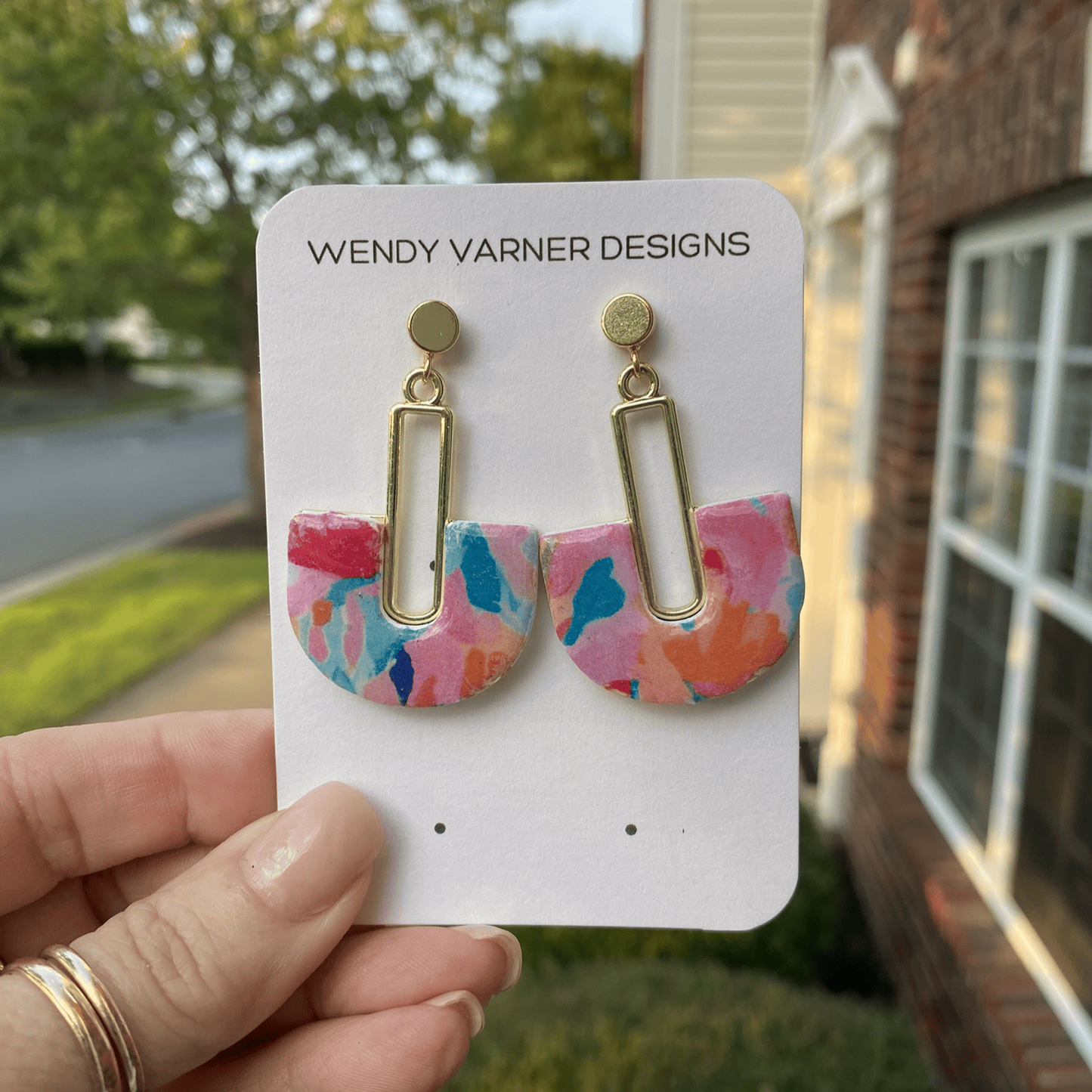 Colorful handmade polymer clay earrings with gold accents from Wendy Varner Designs in Charlotte, NC